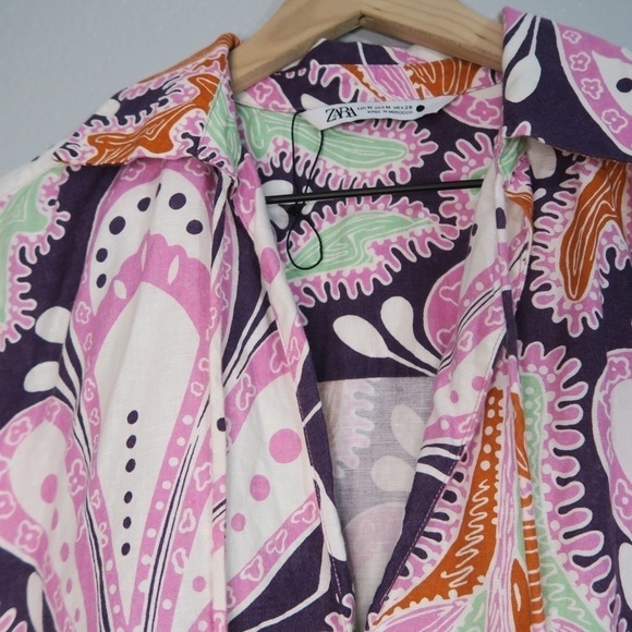 Zara Linen Paisley Top Long Sleeve Boho Cover Up Floral Retro Spring Pink - Picture 4 of 11
